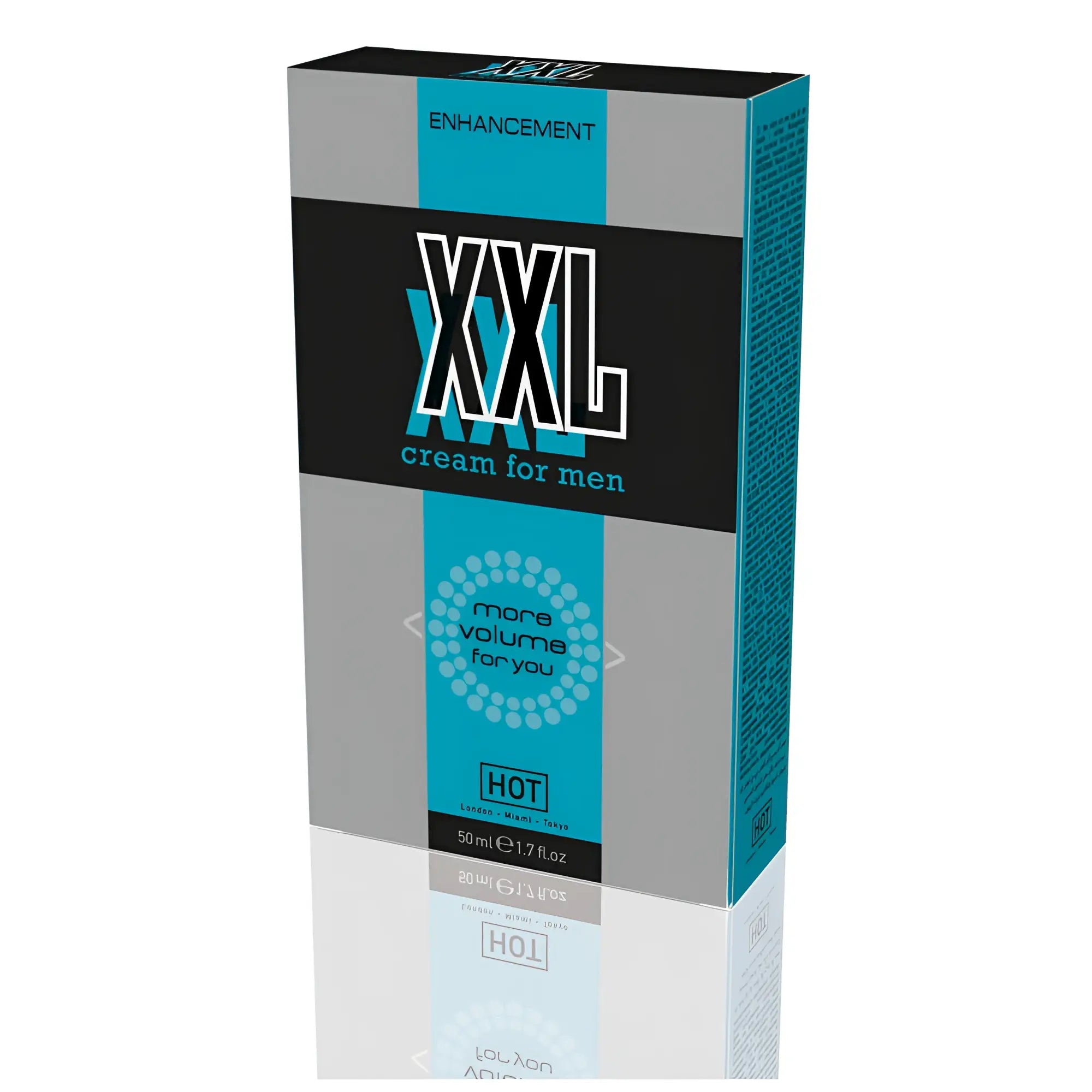 Teal and black rectangular box of hot ero xxl enhancement and massage cream for men 50ml labeled hot