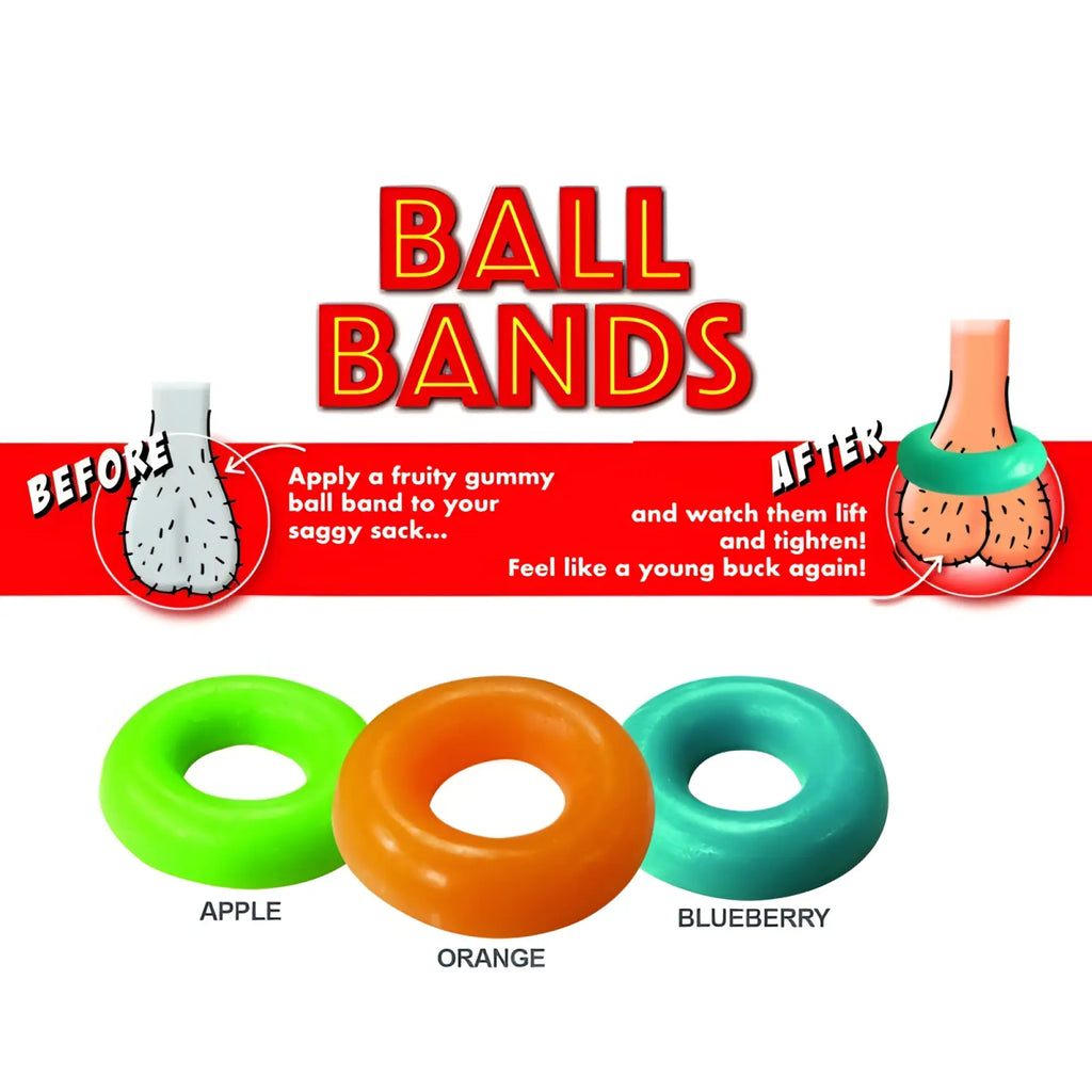 Hott products ball bands gummy cock ring featuring brightly colored green apple orange and blueberry flavors