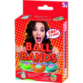 Red and orange polka-dotted ball bands gummy cock ring box featuring a woman with wide eyes by hott products