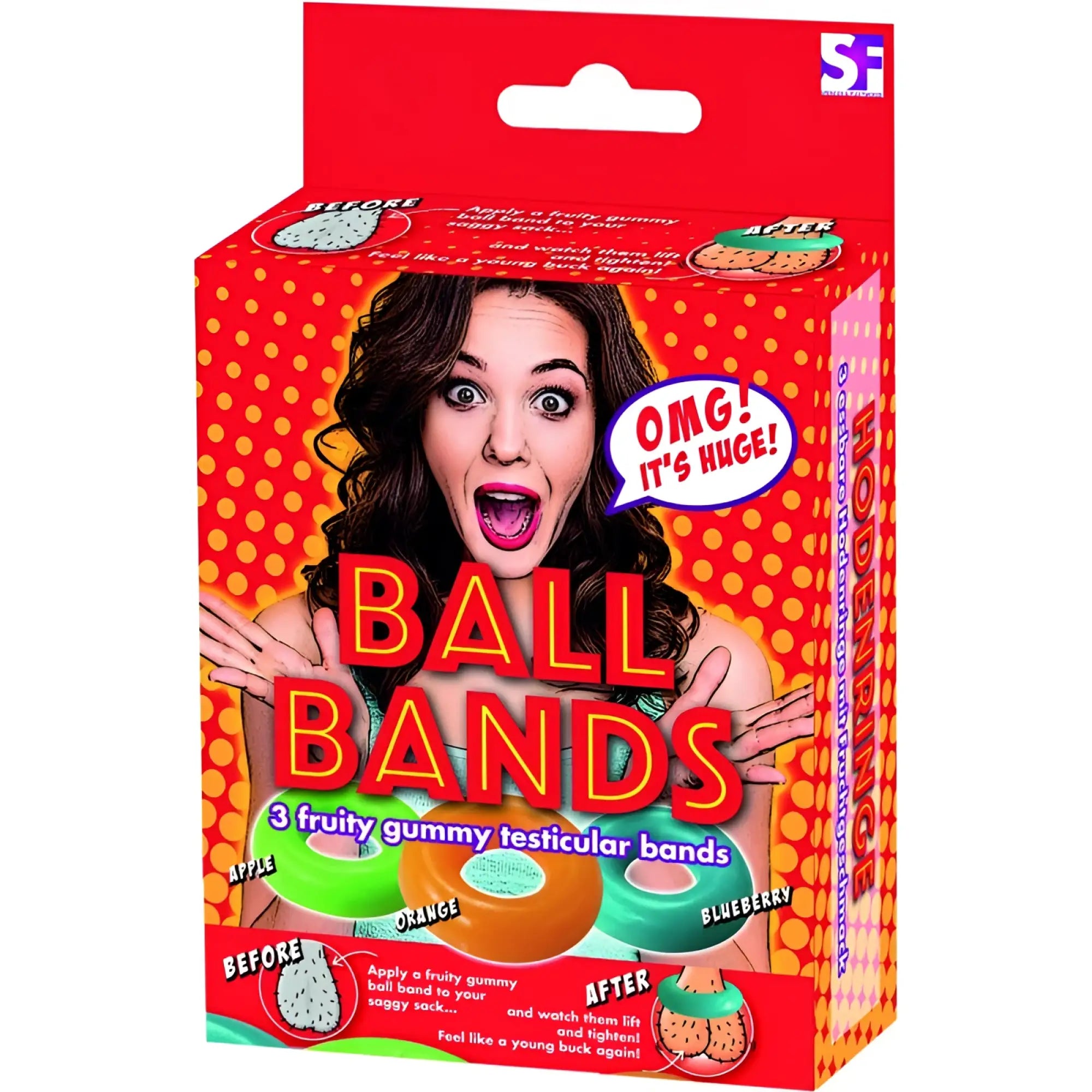 Red and orange polka-dotted ball bands gummy cock ring box featuring a woman with wide eyes by hott products
