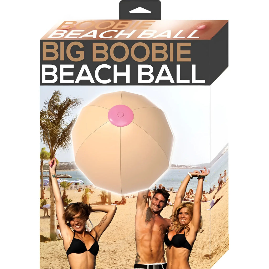 Beige inflatable beach ball with a pink circular top designed as hott products big boobie beach ball for beach fun