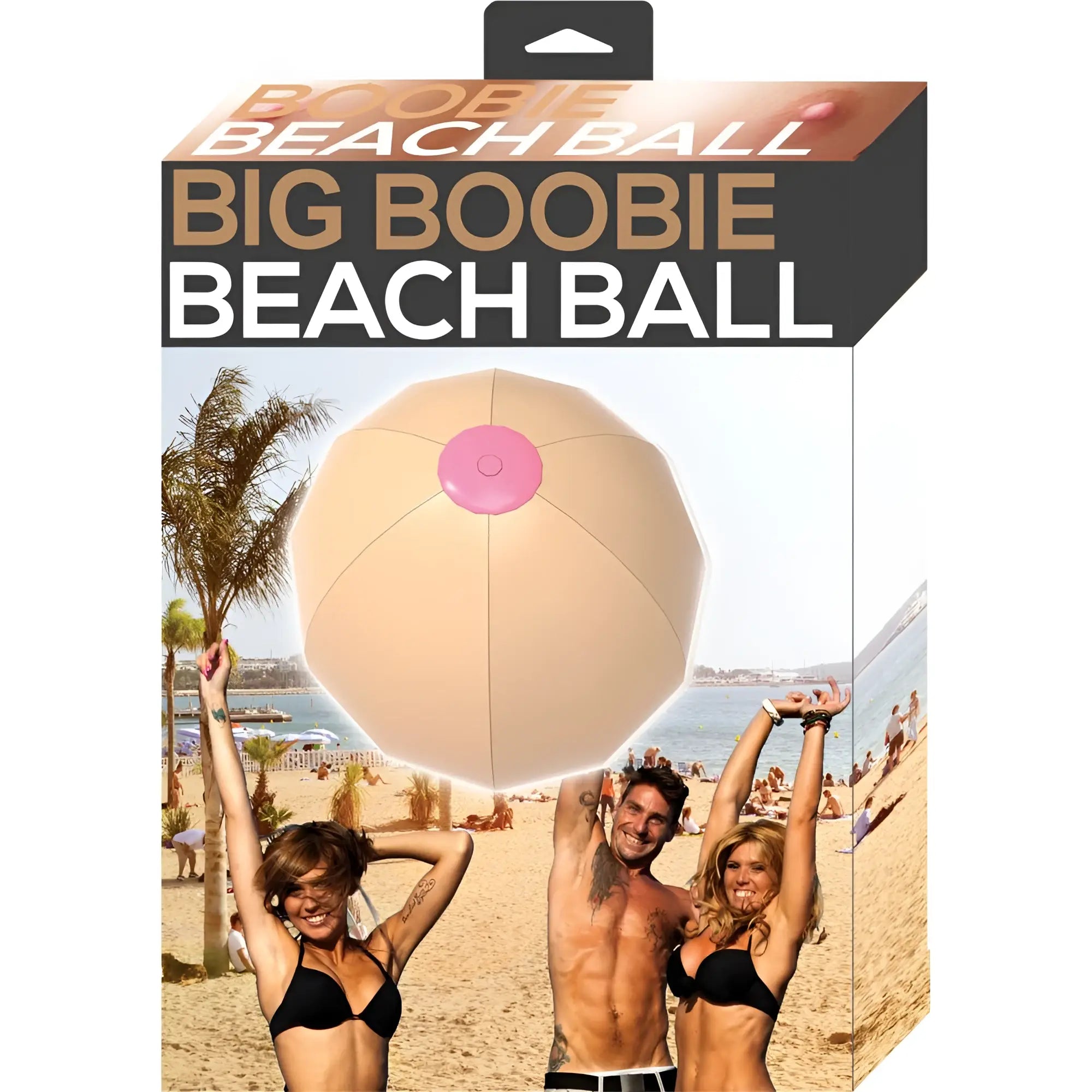 Beige inflatable beach ball with a pink circular top designed as hott products big boobie beach ball for beach fun