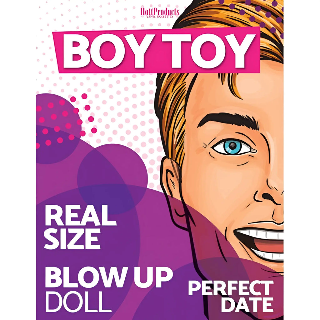 Hott Products boy toy sex doll featuring a stylized cartoon blond man with blue eyes on vibrant purple background