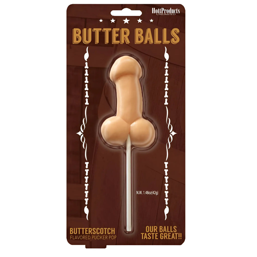 Hott products butterballs butterscotch pecker lollypop is a butterscotch phallic lollipop with rounded base in brown cardboard packaging