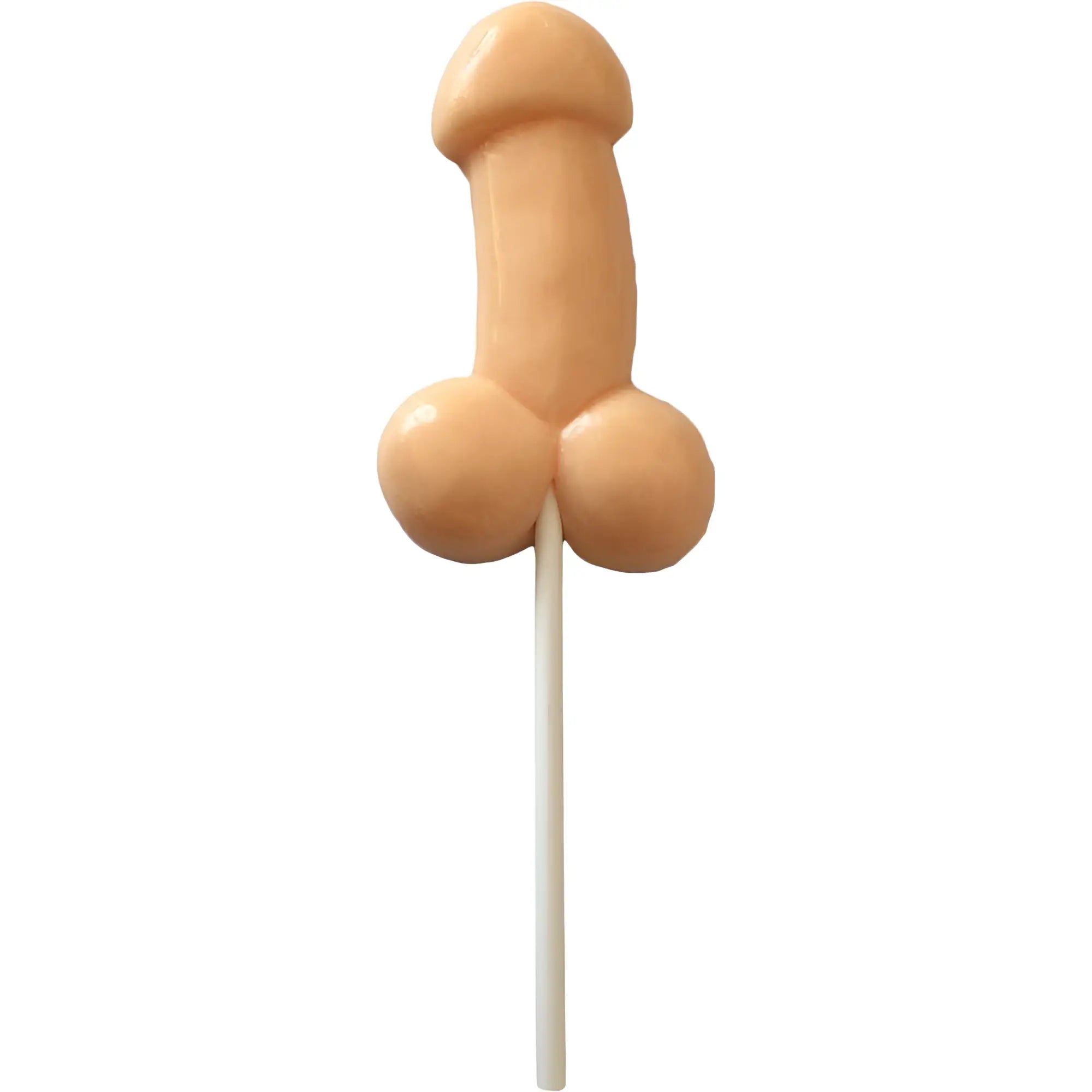 Peach-colored chocolate lollipop shaped like a penis with two rounded balls on a white stick from Hott Products Butterballs Butterscotch Pecker Lollypop