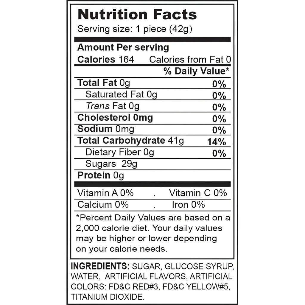 White and black nutrition facts label on the back of hott products butterballs butterscotch pecker lollypop candy packaging