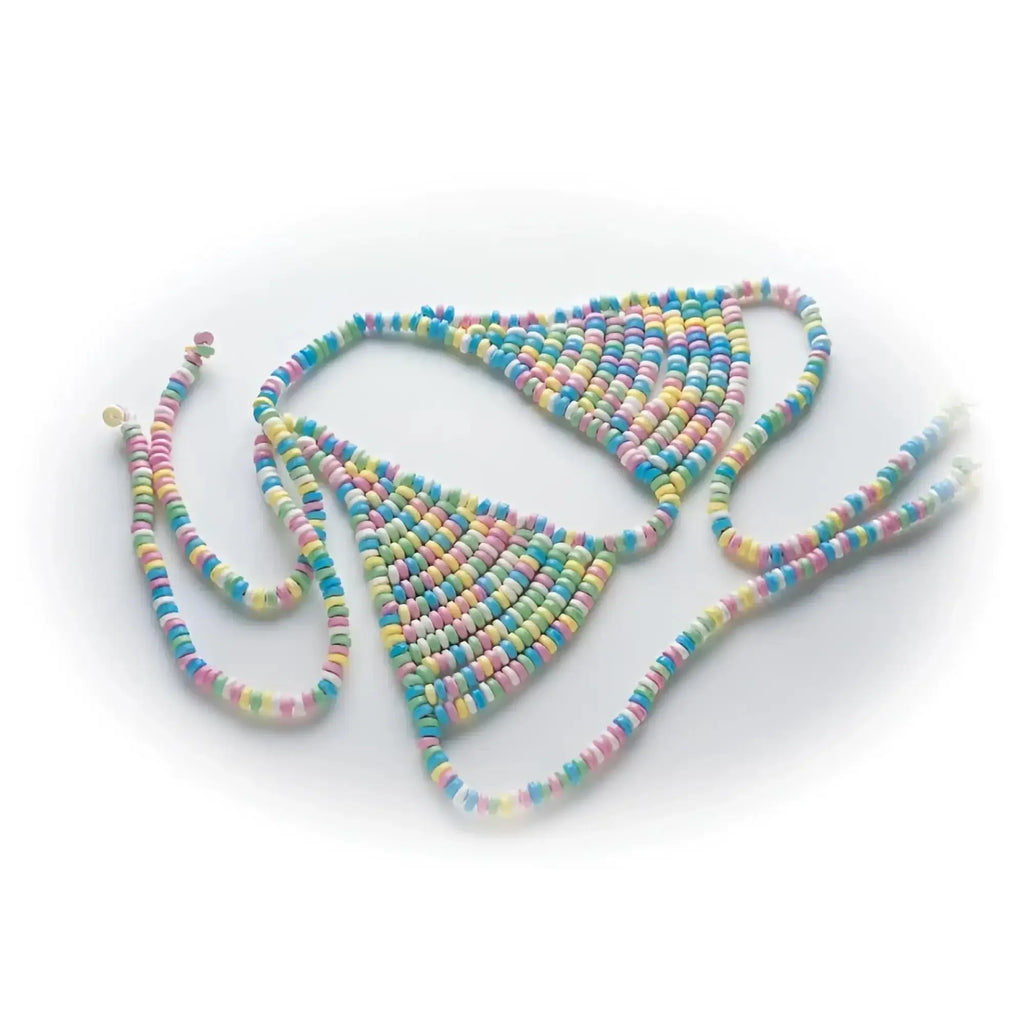 Pastel-colored beaded bikini top and matching string in soft pink blue yellow and mint green by Hott Products Candy Bra