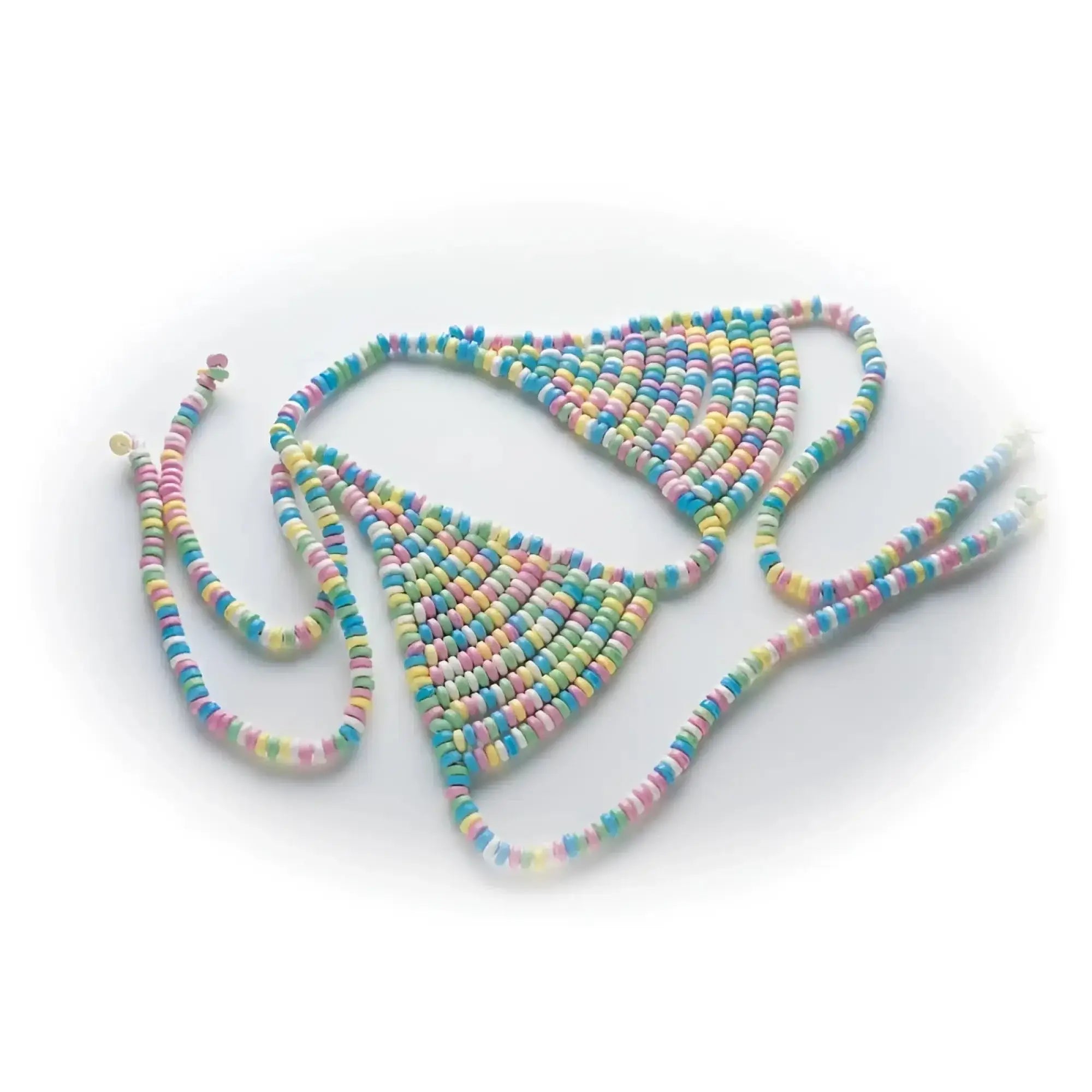 Pastel-colored beaded bikini top and matching string in soft pink blue yellow and mint green by Hott Products Candy Bra