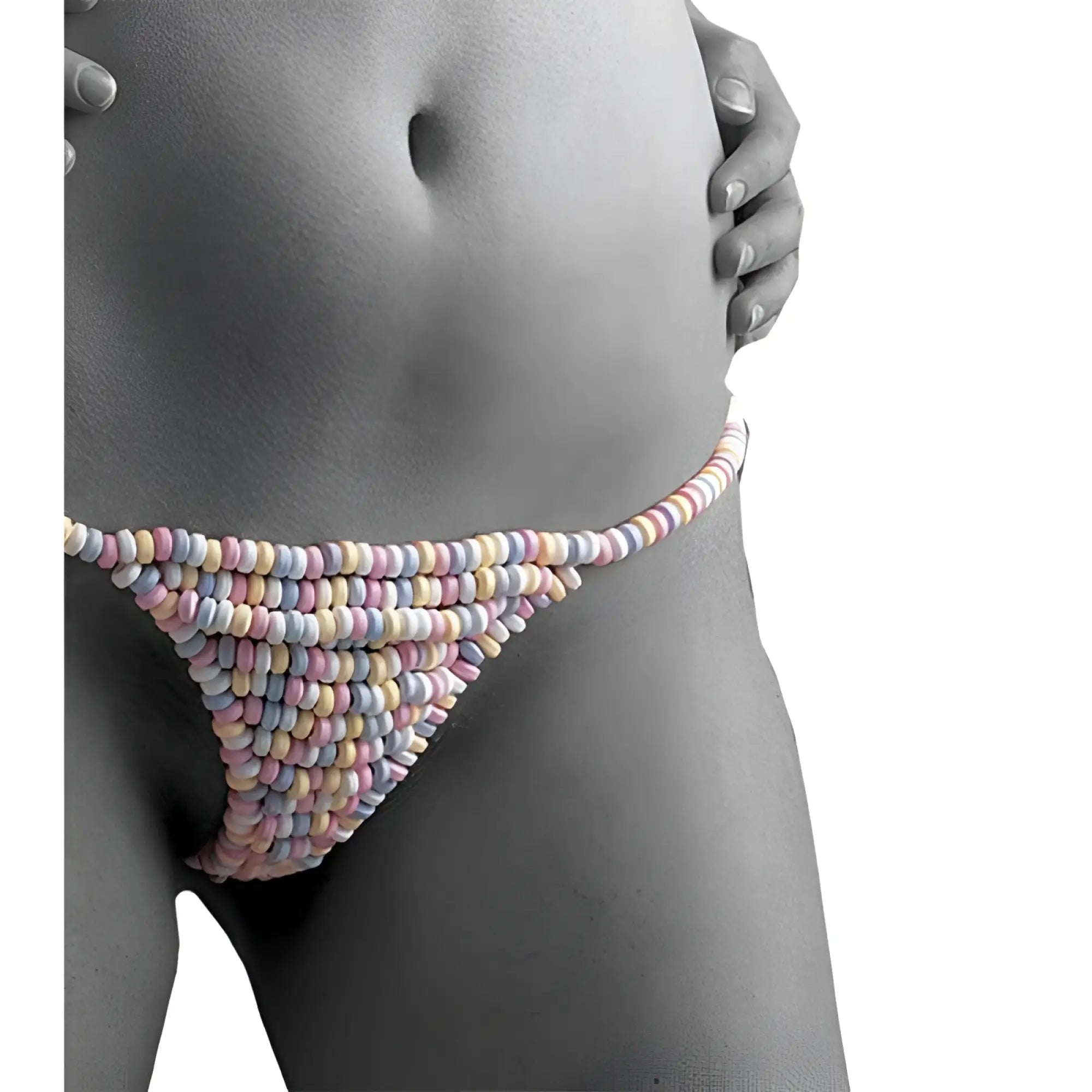 Pastel-colored candy bead bikini bottom with playful sweet design from hott products candy g-string shown from back side
