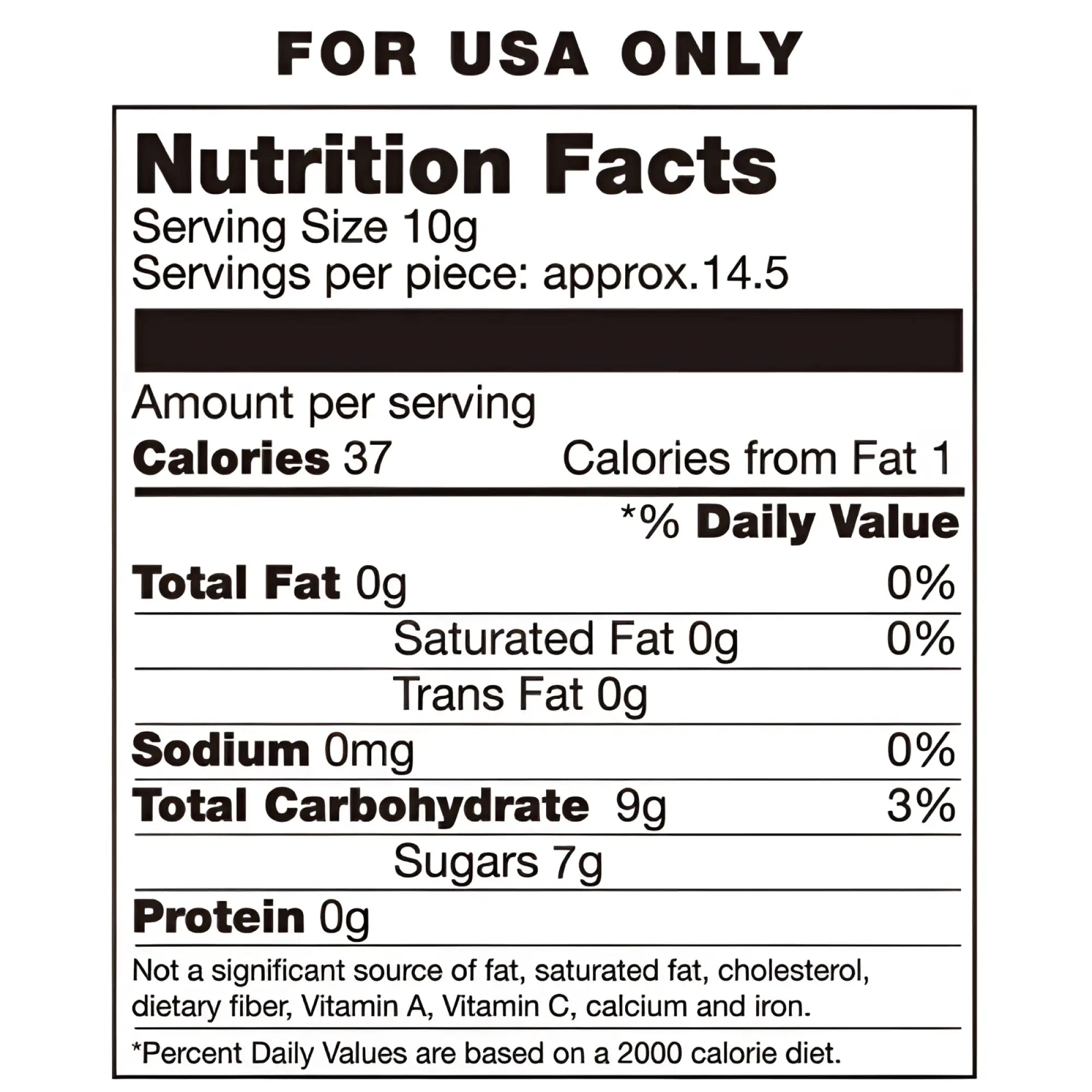 Back side of hott products candy g-string with white and black nutrition facts label for food product