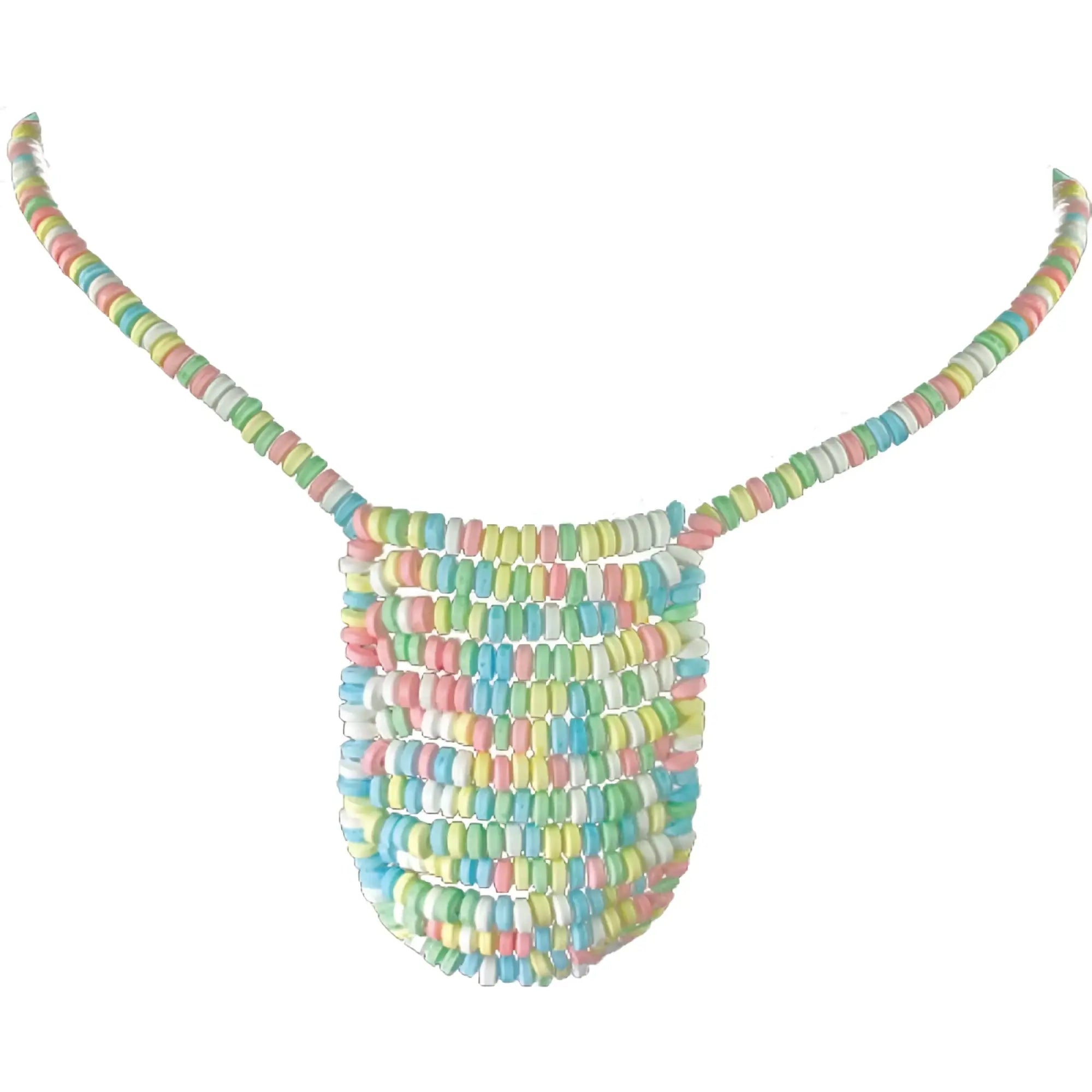 Pastel-colored candy necklace made of individually wrapped cylindrical candies in a woven pattern from hott products posing pouch