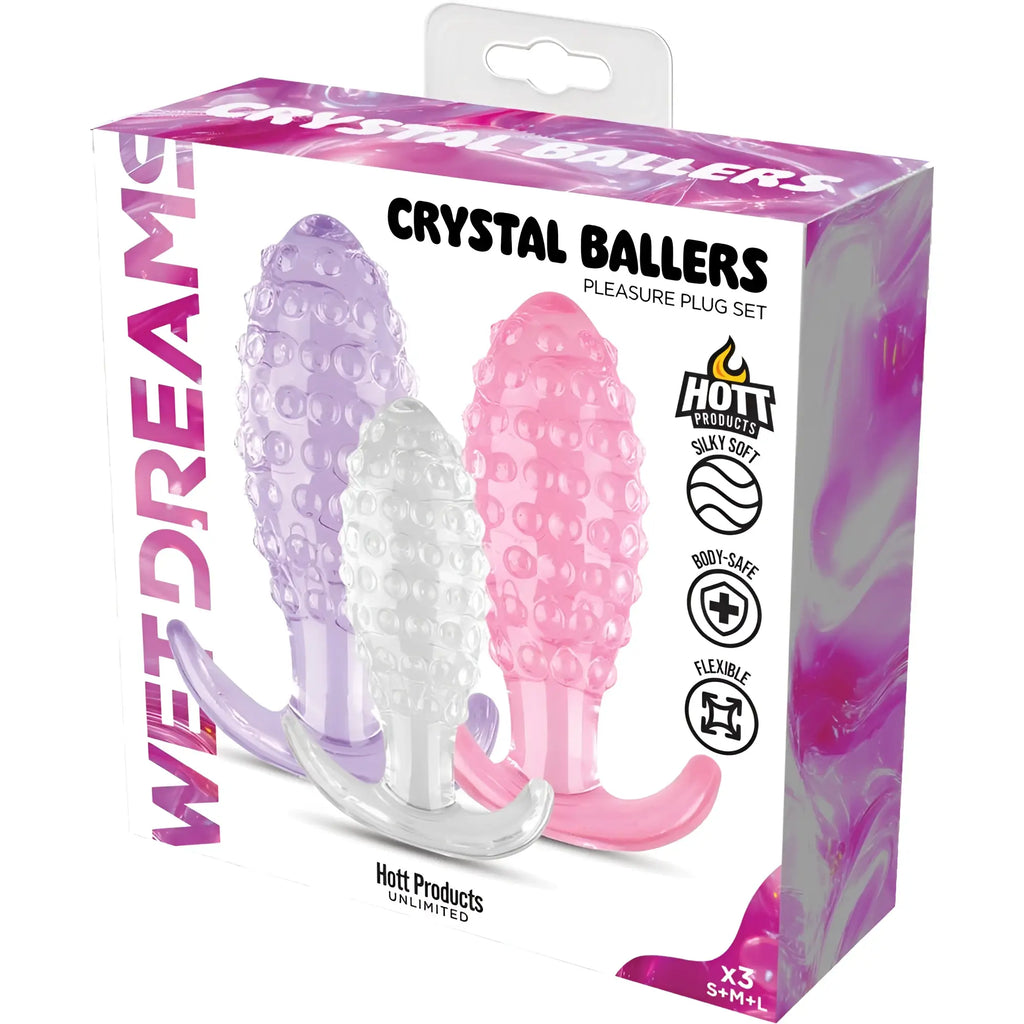 Crystal ballers 3 pc silicone anal plug set by wet dreams with translucent purple clear and pink textured plugs