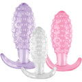Hott products crystal ballers 3 pc silicone anal plug set in lavender pink and clear with textured circular bumps and curved bases