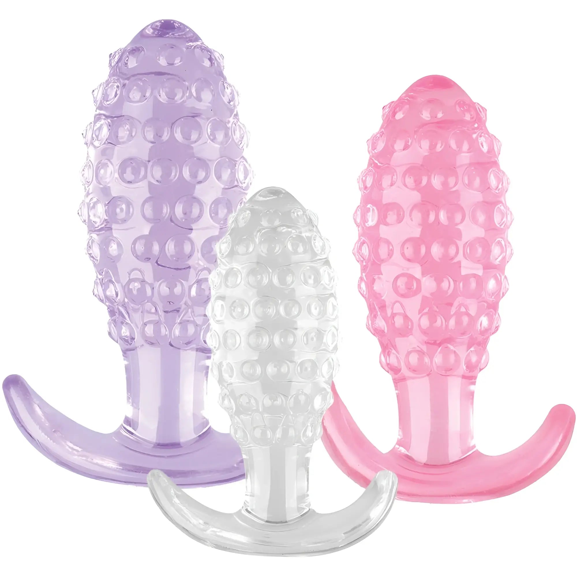 Hott products crystal ballers 3 pc silicone anal plug set in lavender pink and clear with textured circular bumps and curved bases