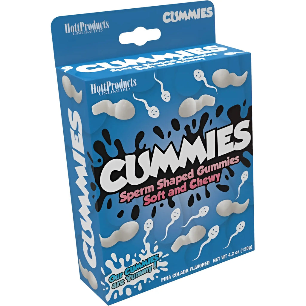Blue cardboard box of hot Products unlimited cummies featuring sperm shaped gummy candies with playful white and black graphics