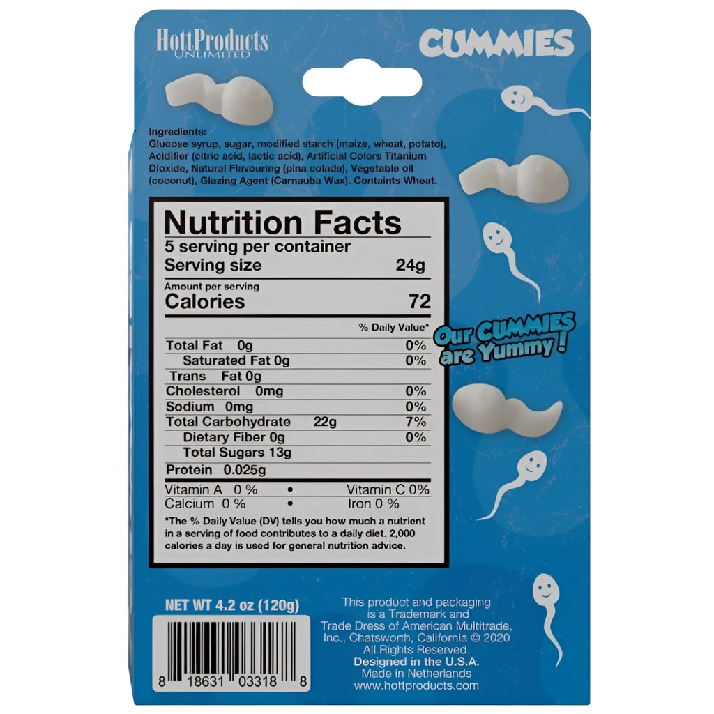 Blue package of hott products cummies unlimited sperm shaped gummy candies for adult novelty use