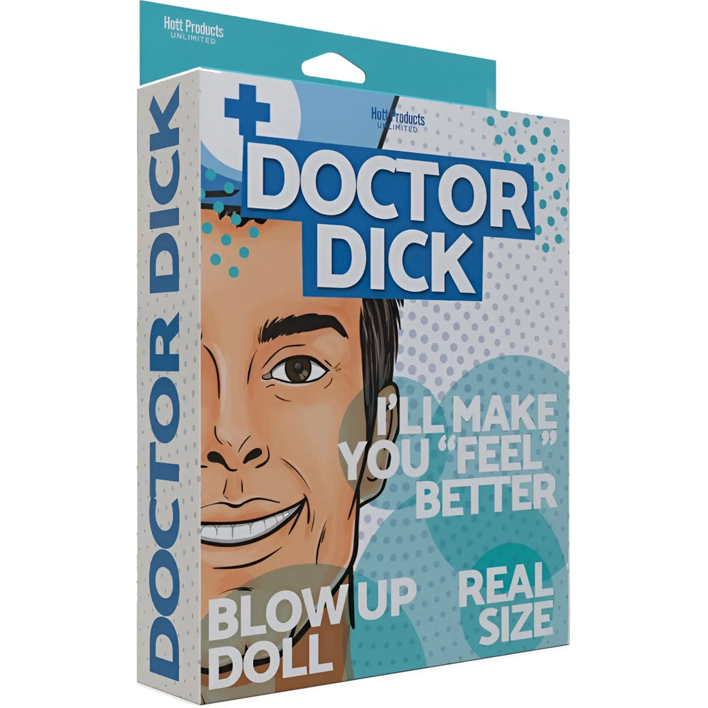 Doctor dick inflatable doll in teal and white packaging with cartoon illustration by hott products