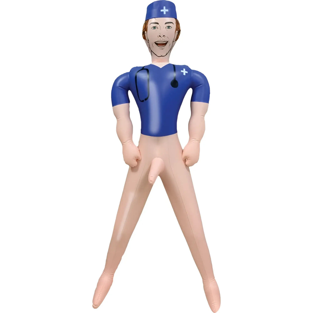 Inflatable male nurse doll in blue uniform and cap with beige skin tone from hott products doctor dick series