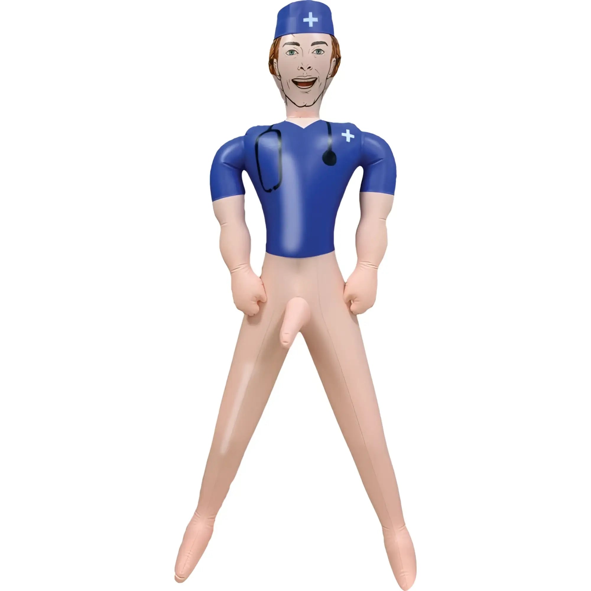 Inflatable male nurse doll in blue uniform and cap with beige skin tone from hott products doctor dick series