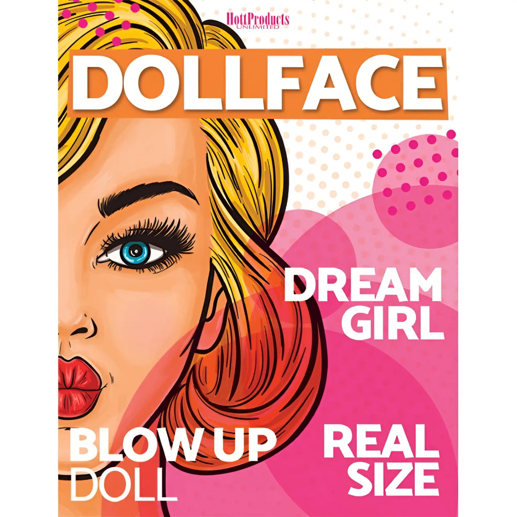 A vibrant pop-art style blow-up doll face with blonde hair blue eyes and red lips from Hott Products Doll Face Blow Up Doll
