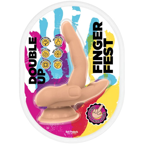 Beige silicone finger-shaped suction cup dildo in colorful double up finger fest package by hott products finger fest double up flesh
