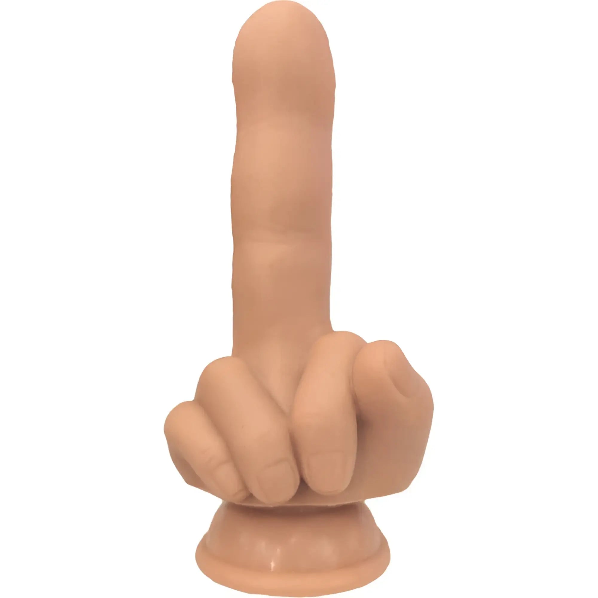 A realistic flesh-toned silicone dildo with a detailed hand grip and rounded base from hott products finger fest dildo flip off flesh