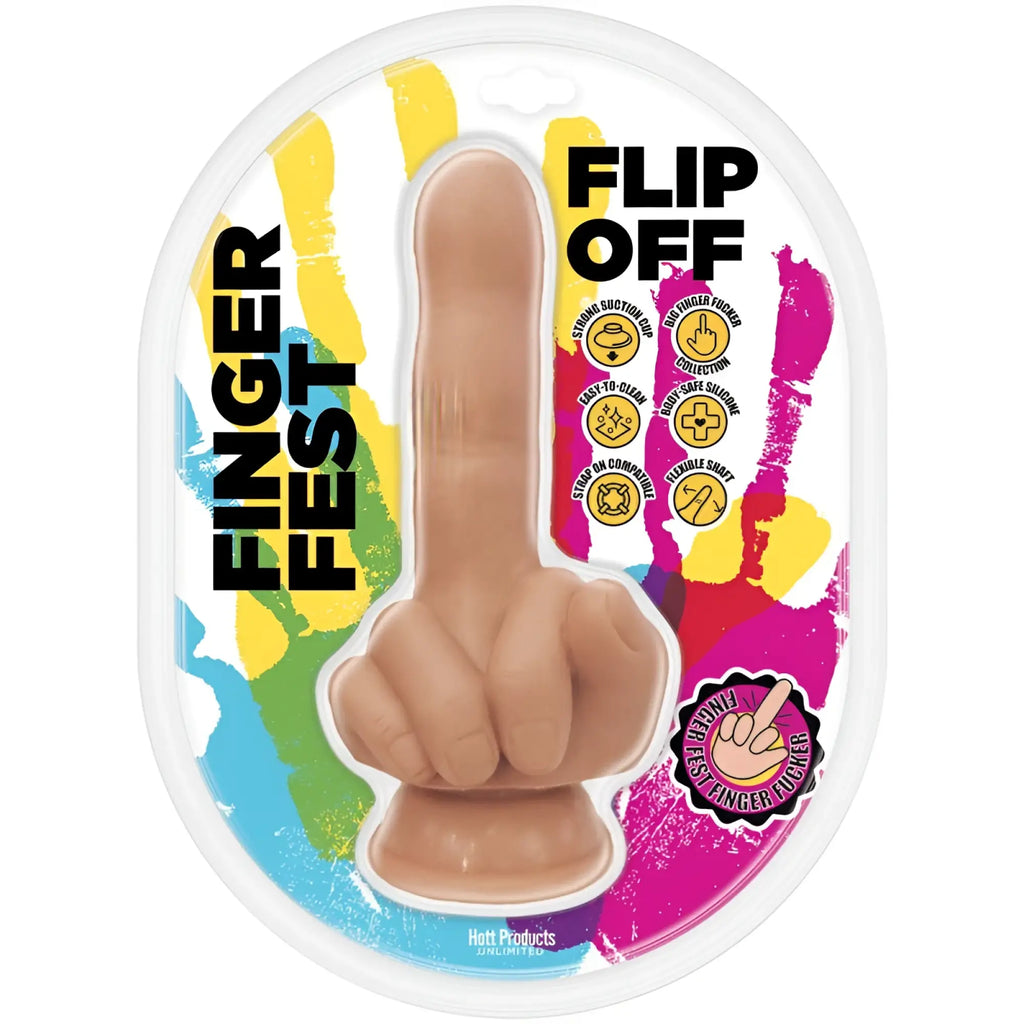 Tan silicone finger gesture dildo in colorful flip off finger fest packaging by hott products