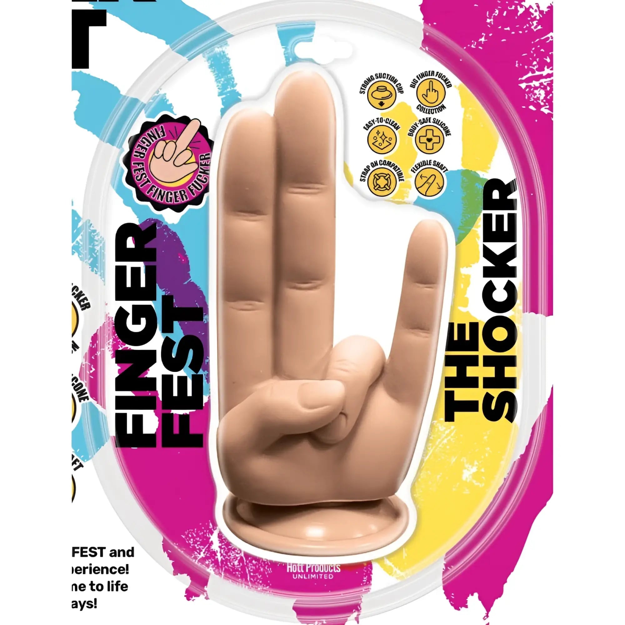 Hott Products finger fest dildo the shocker flesh is a beige flexible silicone finger flogger in a peace sign pose