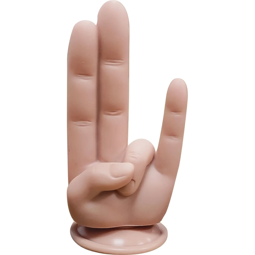Pink resin hand sculpture in rock on gesture with circular base from hott products finger fest dildo the shocker flesh