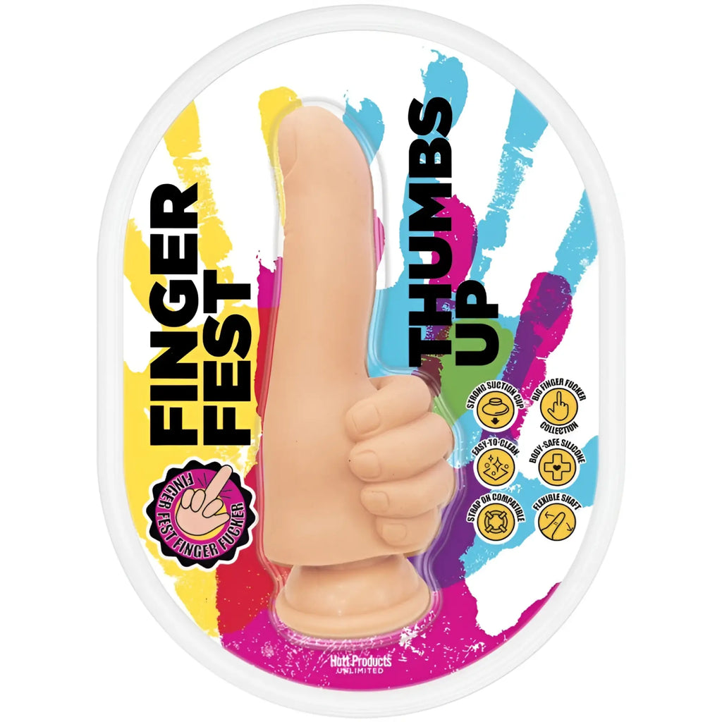 Beige silicone finger fidget toy shaped like a thumbs-up packaged with colorful branding from Hott Products Finger Fest Dildo Flesh