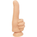 Beige silicone hand-shaped dildo with extended thumb mounted on circular base from hott products finger fest dildo thumbs up flesh