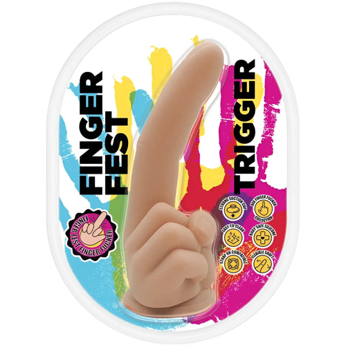 Beige silicone finger flogger with hand-shaped base in oval blister pack labeled finger fest trigger by hott products