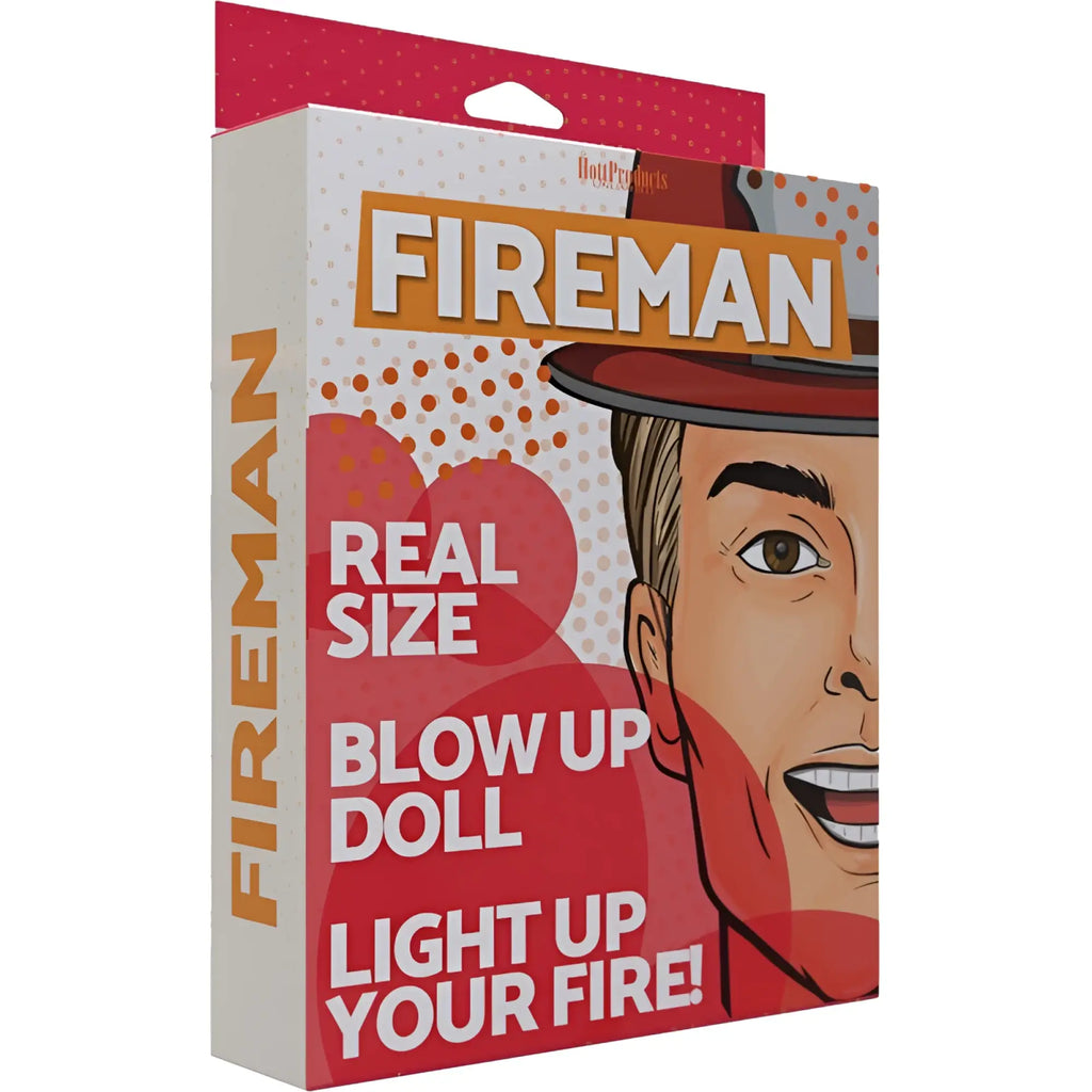 Hott Products fireman inflatable doll in red and white packaging with cartoon smiling firefighter wearing red helmet