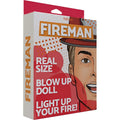 Hott Products fireman inflatable doll in red and white packaging with cartoon smiling firefighter wearing red helmet