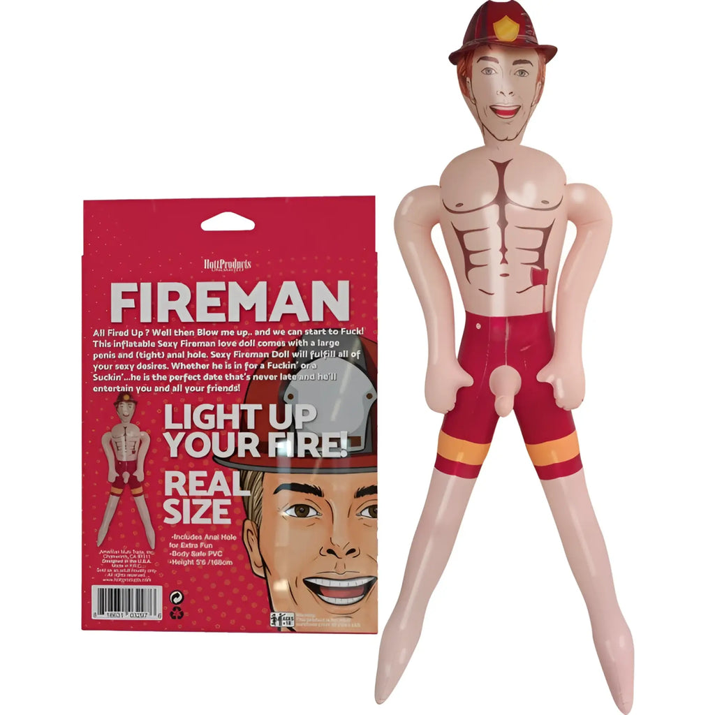 Hott Products fireman inflatable doll with muscular physique red shorts helmet made of pvc material