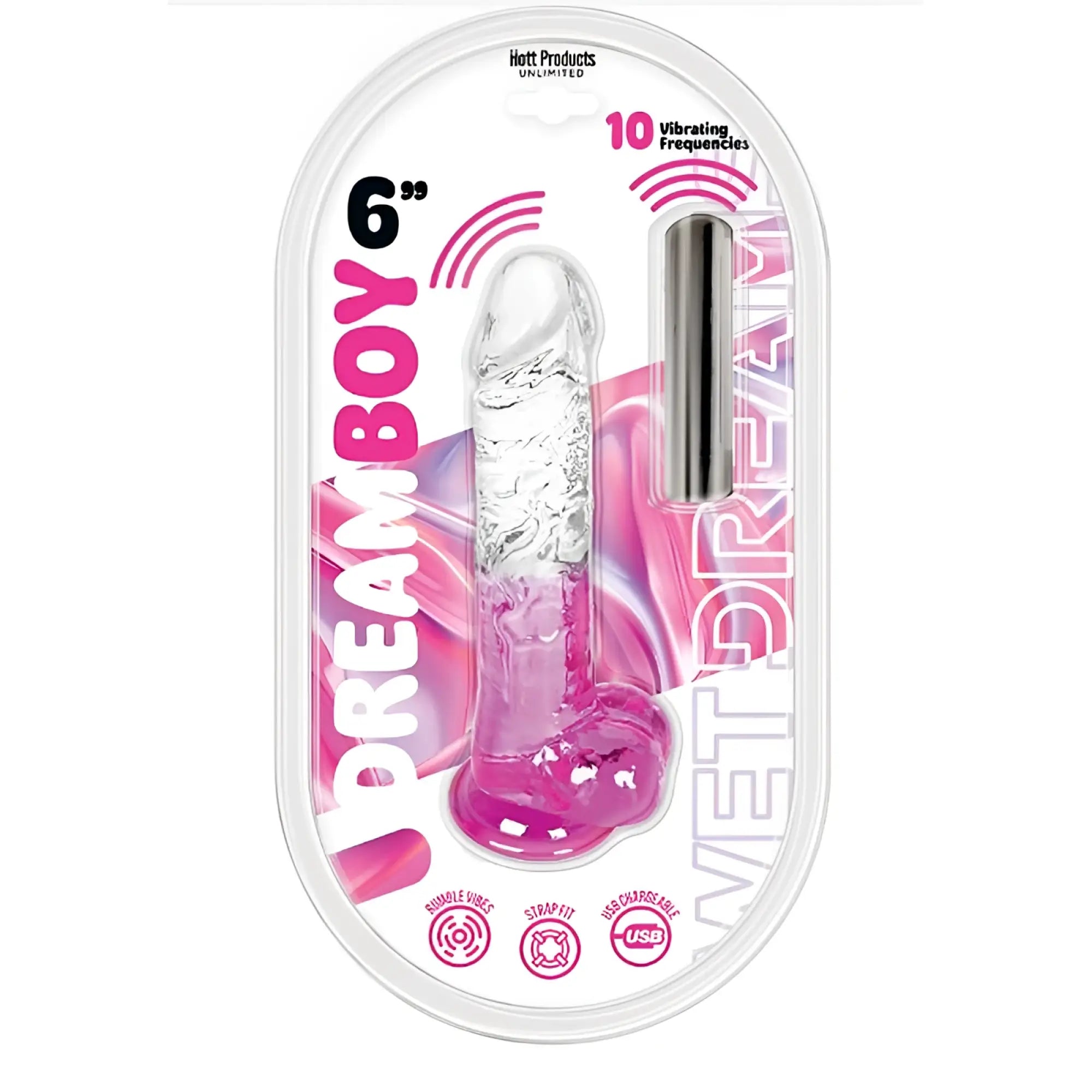 Clear and pink gradient silicone vibrating toy with metallic charging rod branded dreamboy 6 by Hott Products Unlimited
