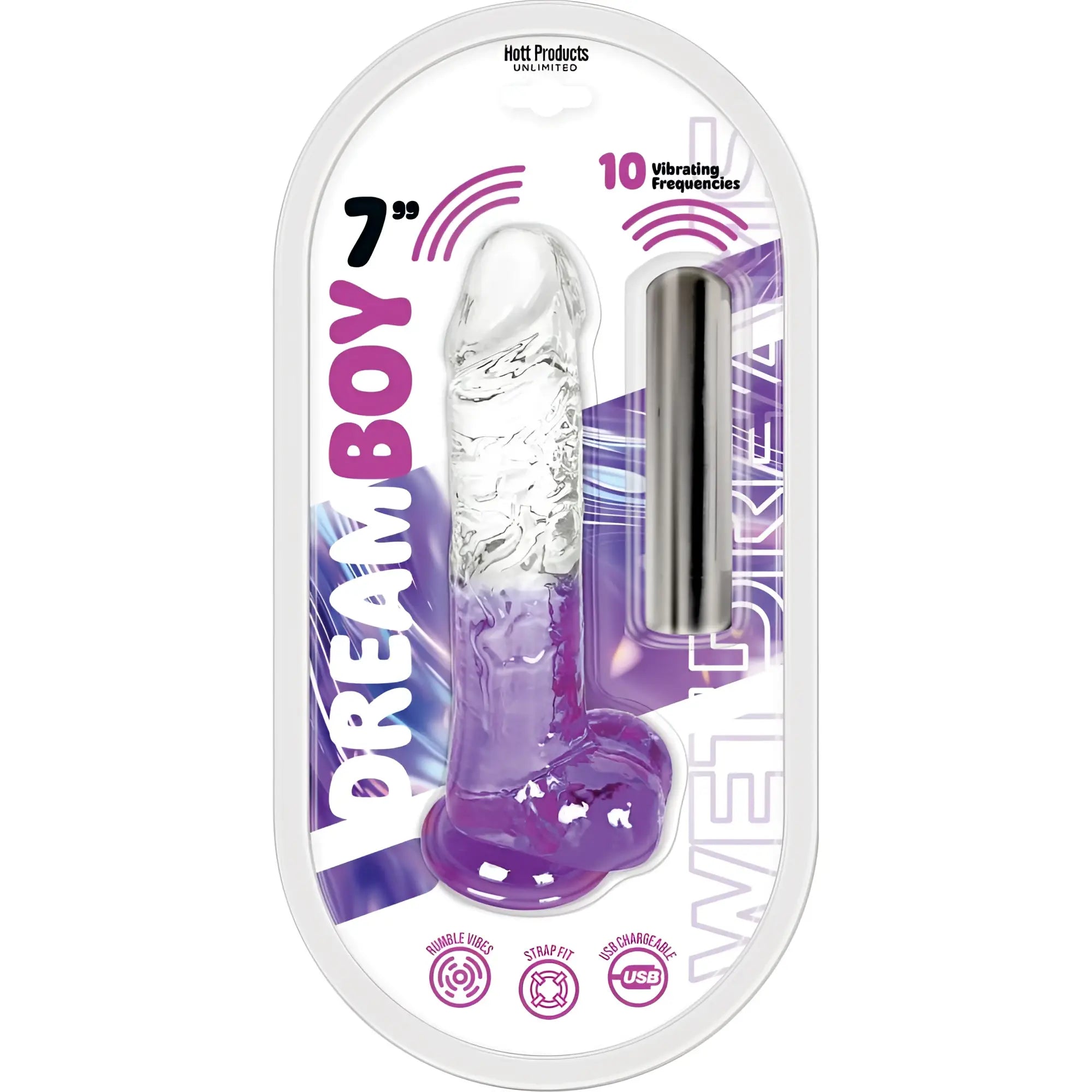 Clear and purple translucent silicone vibrating toy with metallic charging rod branded dreamboy 7 by Hott Products Unlimited
