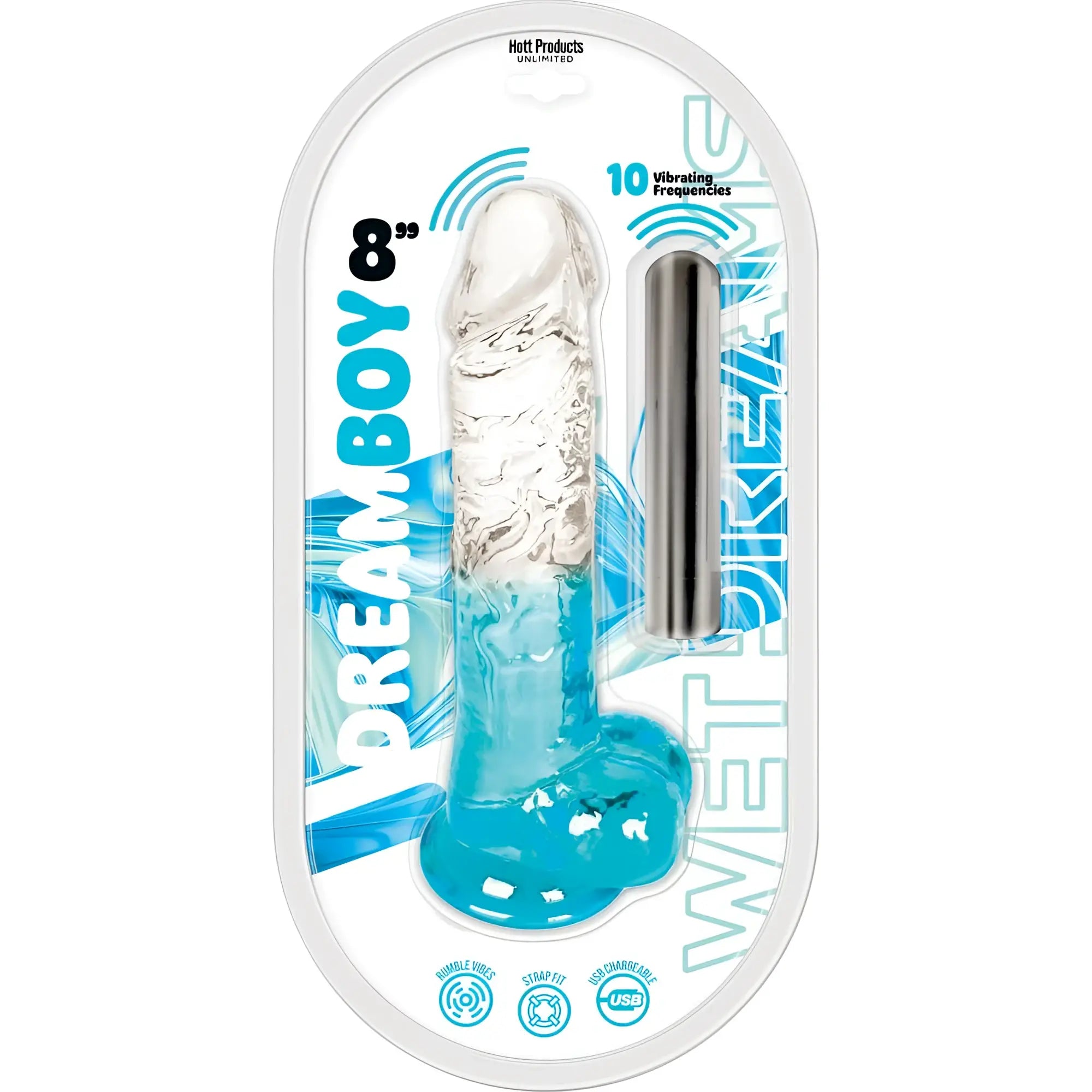 Clear blue gradient silicone vibrating dildo with metallic shaft dreamboy 8.39 by hott products unlimited