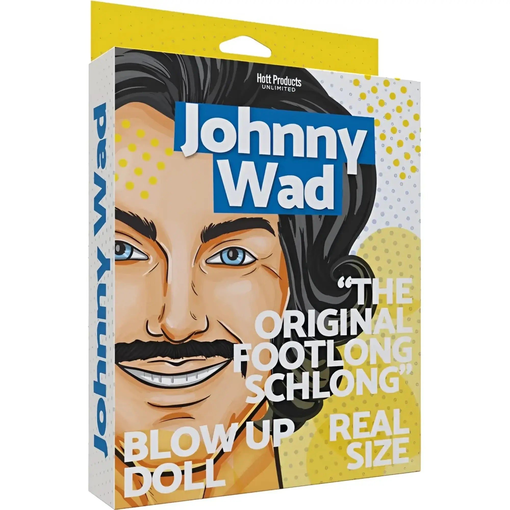 Hott Products Johnny Wad inflatable blow-up doll in colorful comic book style blue and yellow packaging
