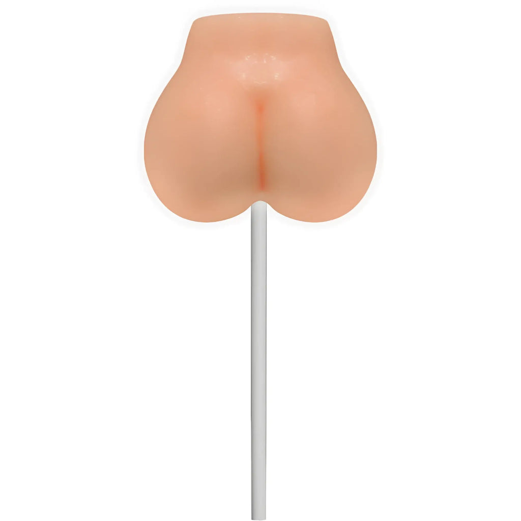 A realistic peach-colored silicone lollipop shaped like buttocks with a white stick from Hott Products Lusty Lickers Candy Ass Mai Tai