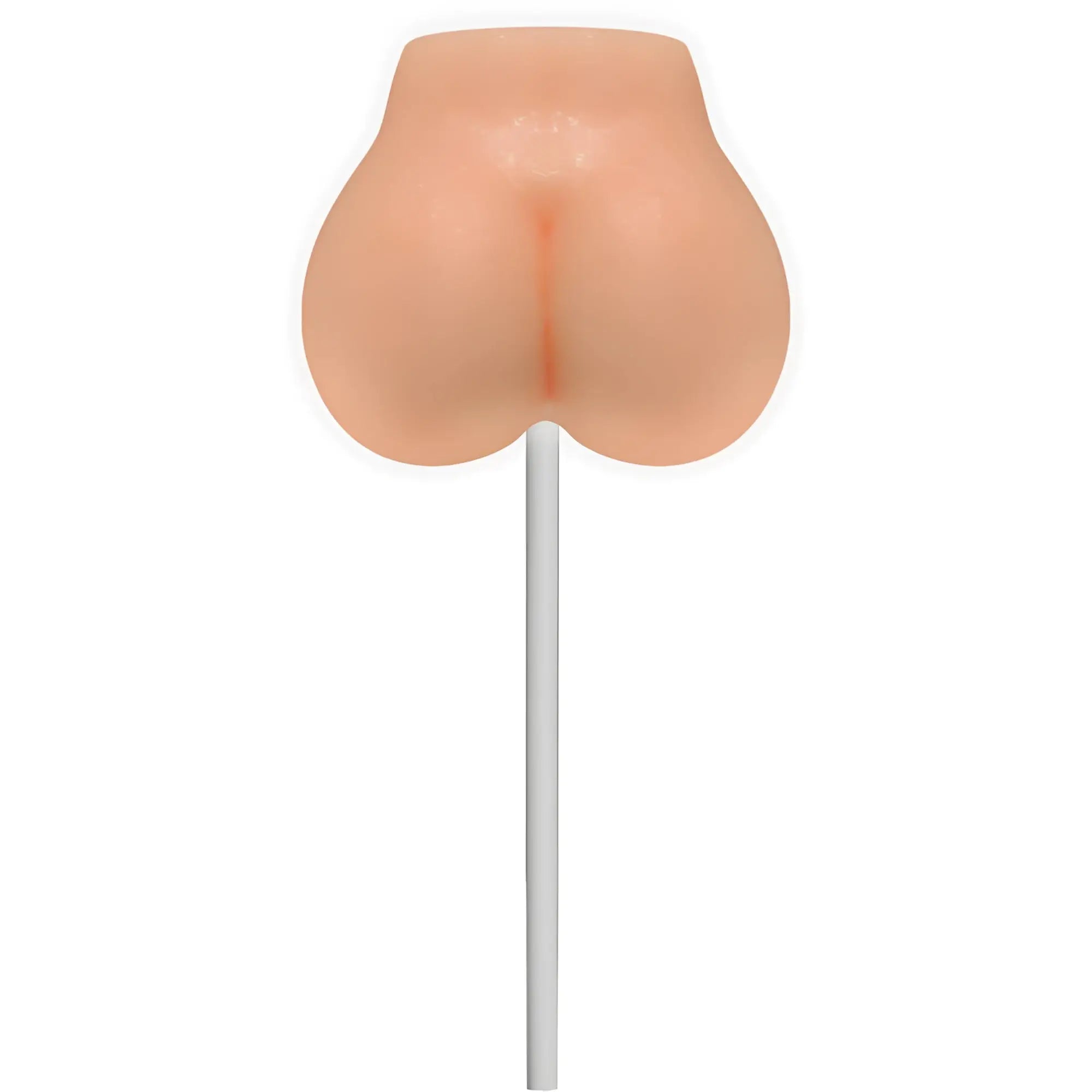 A realistic peach-colored silicone lollipop shaped like buttocks with a white stick from Hott Products Lusty Lickers Candy Ass Mai Tai