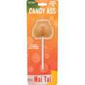 A translucent amber candy ass mai tai lollipop with a white stick in orange Hott Products packaging