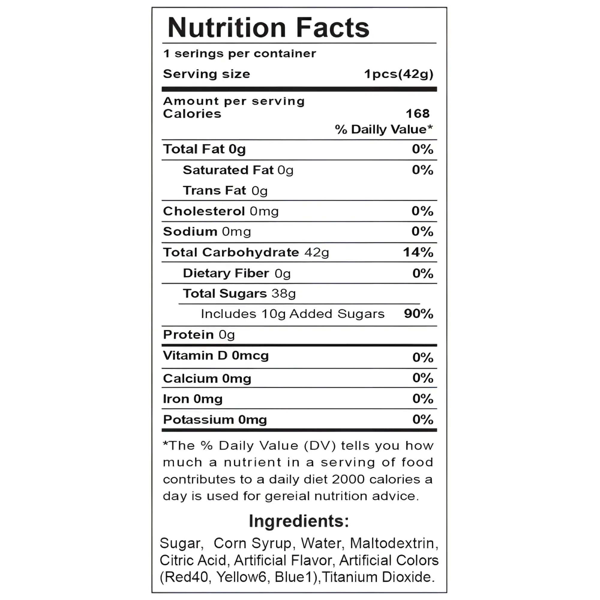 White paper label with black text showing nutrition facts and ingredients on the back of hott products lusty lickers candy ass mai tai lollypop