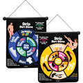 Two colorful wall-mounted magnetic strip dart game boards by hott products with clothing categories and throwing instructions
