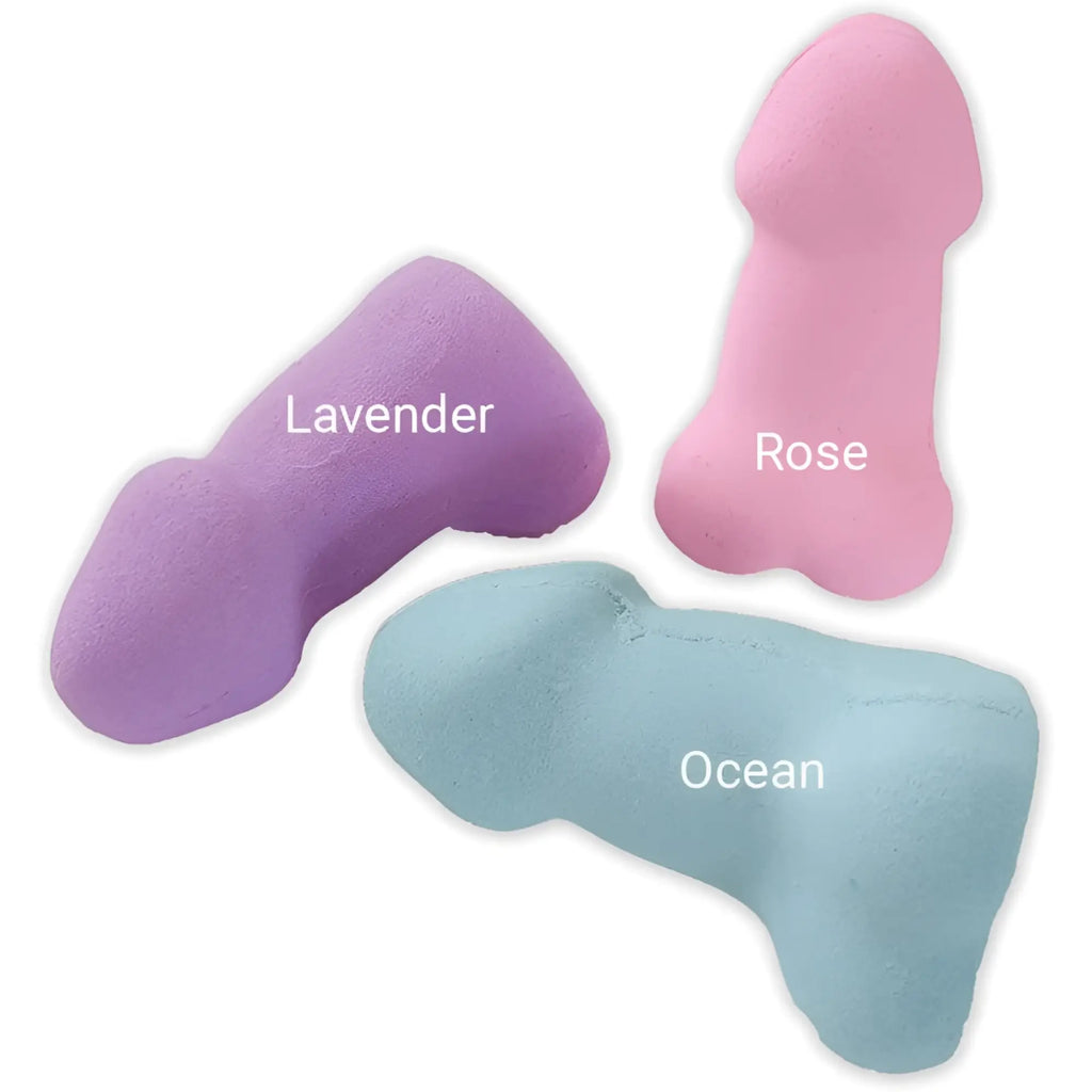 Hott Products Pecker bath bombs shaped like phallic forms with lavender rose and ocean scents in pastel colors