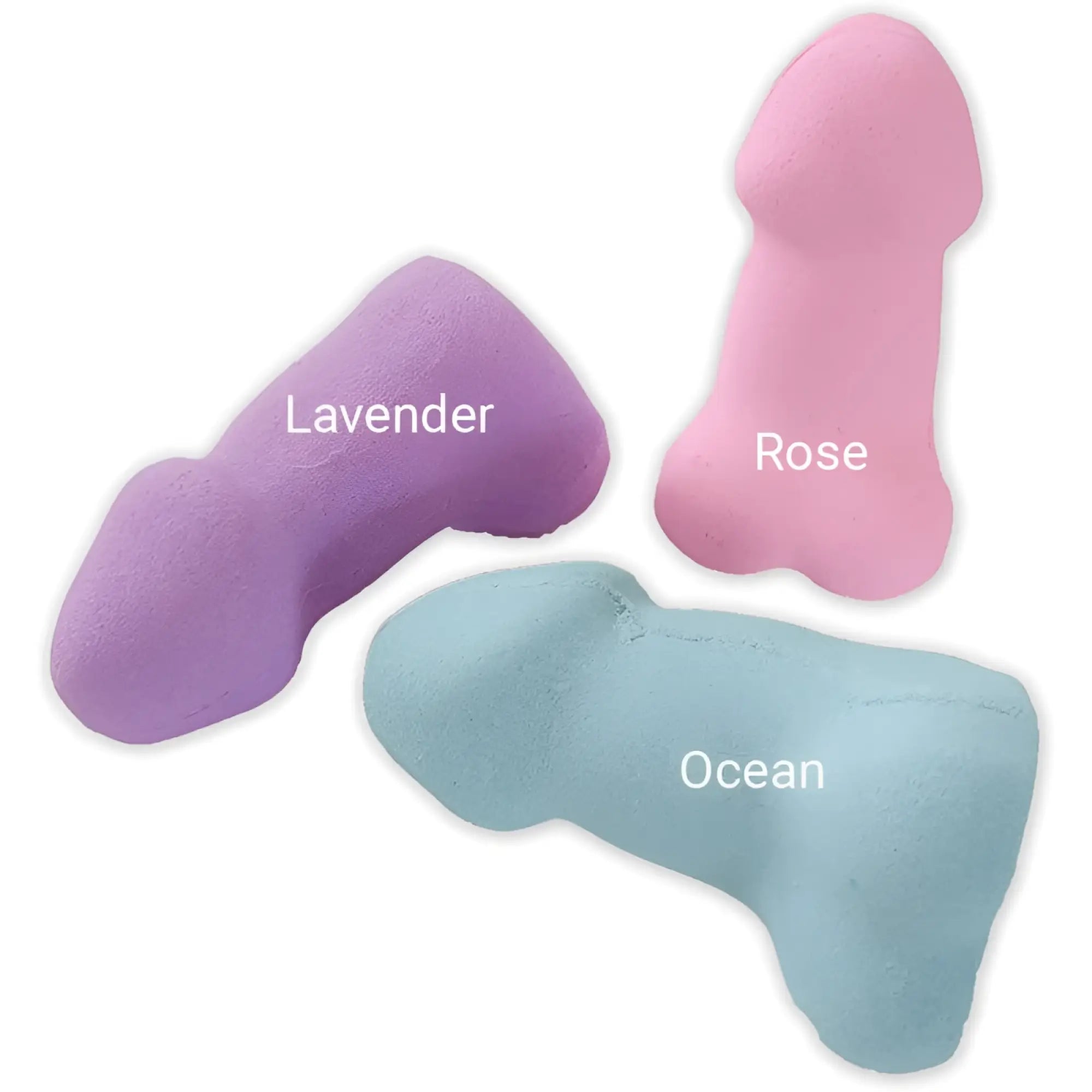 Hott Products Pecker bath bombs shaped like phallic forms with lavender rose and ocean scents in pastel colors