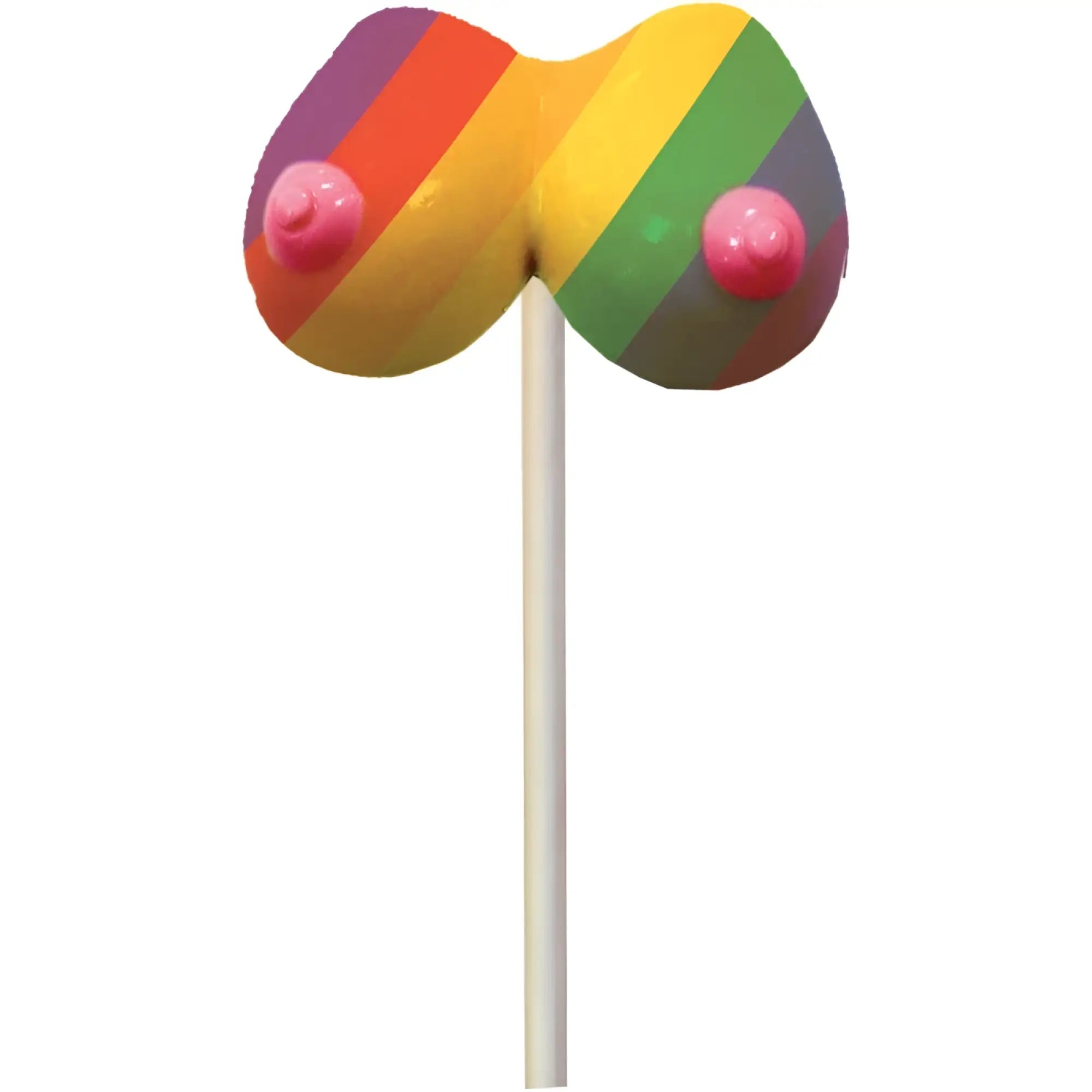 Hott Products rainbow boobie candy pop a rainbow-striped lollipop shaped like breasts with pink candy nipples