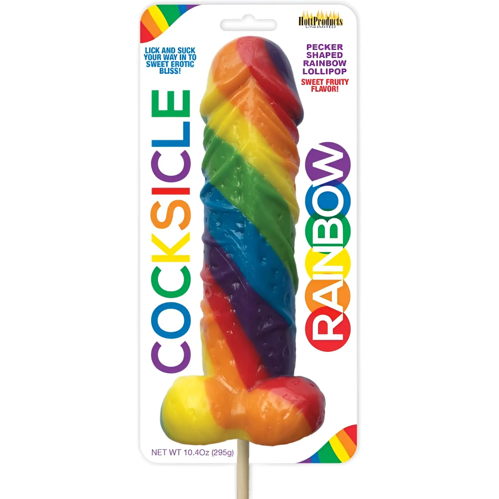 Hott Products Rainbow Cocksicle lollipop glossy rainbow-colored pecker-shaped fruity sweet candy treat