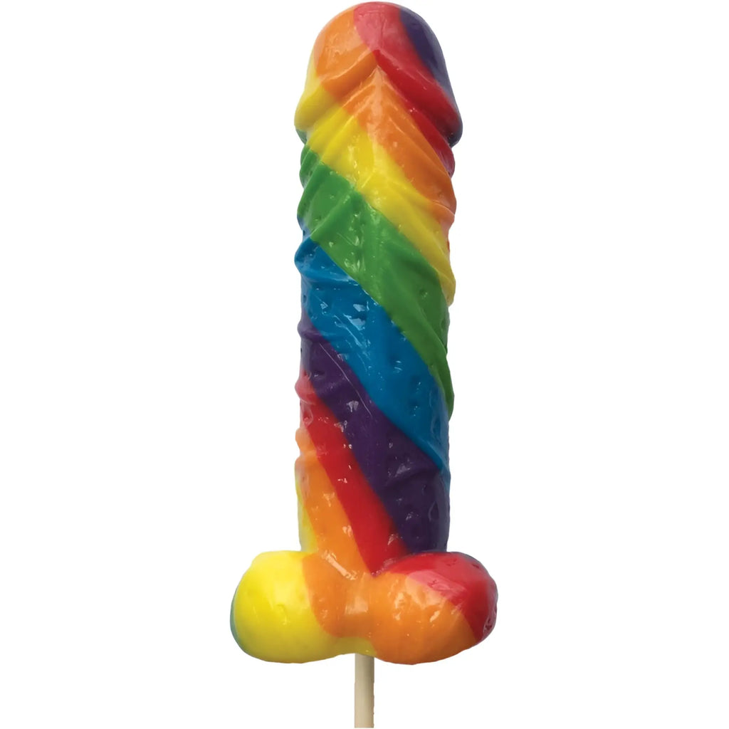 Hott Products rainbow cocksicle lollipop with rainbow stripes glossy candy coating and wooden stick visible from front