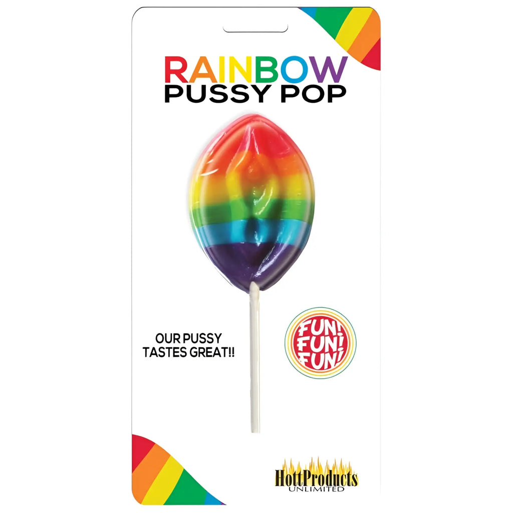 Rainbow-colored glossy pussy pop lollipop with white stick from Hott Products rainbow pussy pop collection